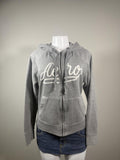 Y2K Aeropostale gray full zip hoodie featuring a large embroidered Aero script logo across the front, soft fleece lining, adjustable drawstring hood, and front kangaroo pockets. The perfect casual layering piece with an authentic early 2000s look.