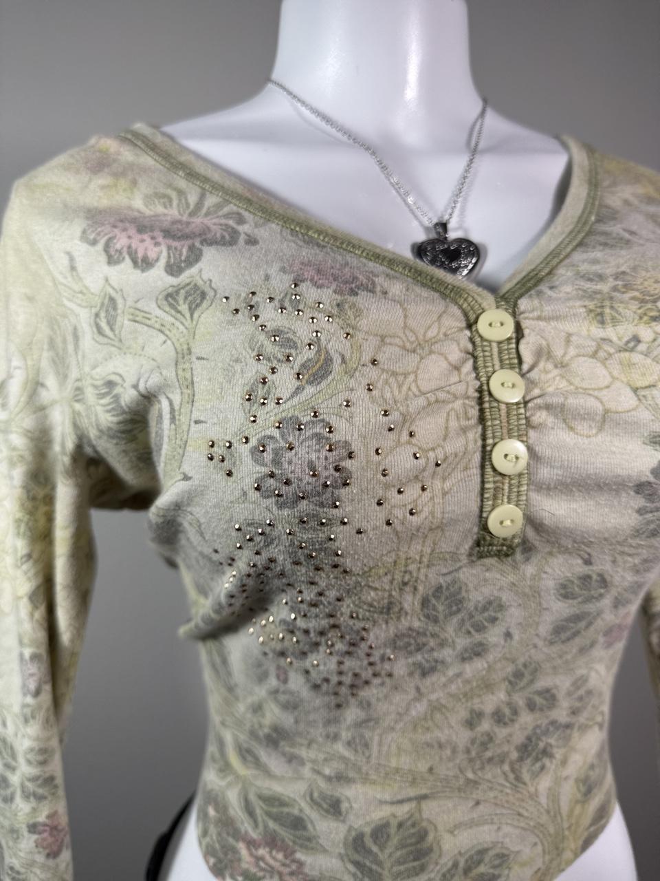 One World Floral Rhinestone Henley Top