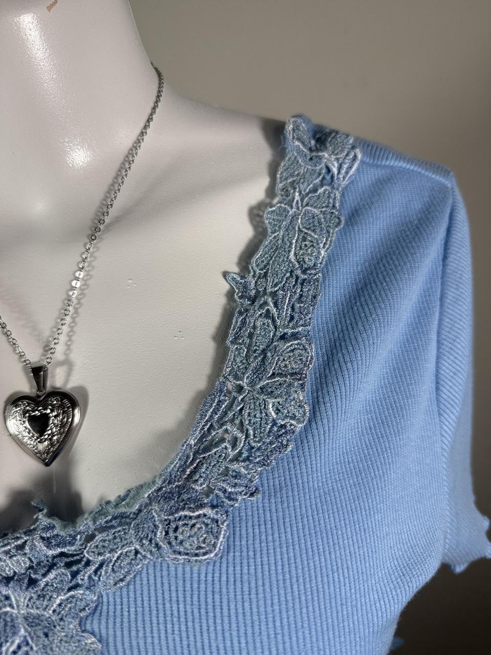 Cinema & Co Blue Lace Trim Ribbed Baby Tee Y2K Coquette
