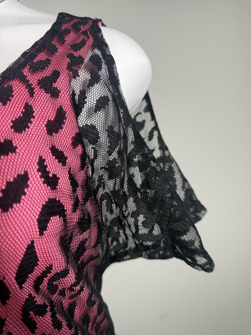Y2K ISSI Pink Leopard Lace Cold Shoulder Top