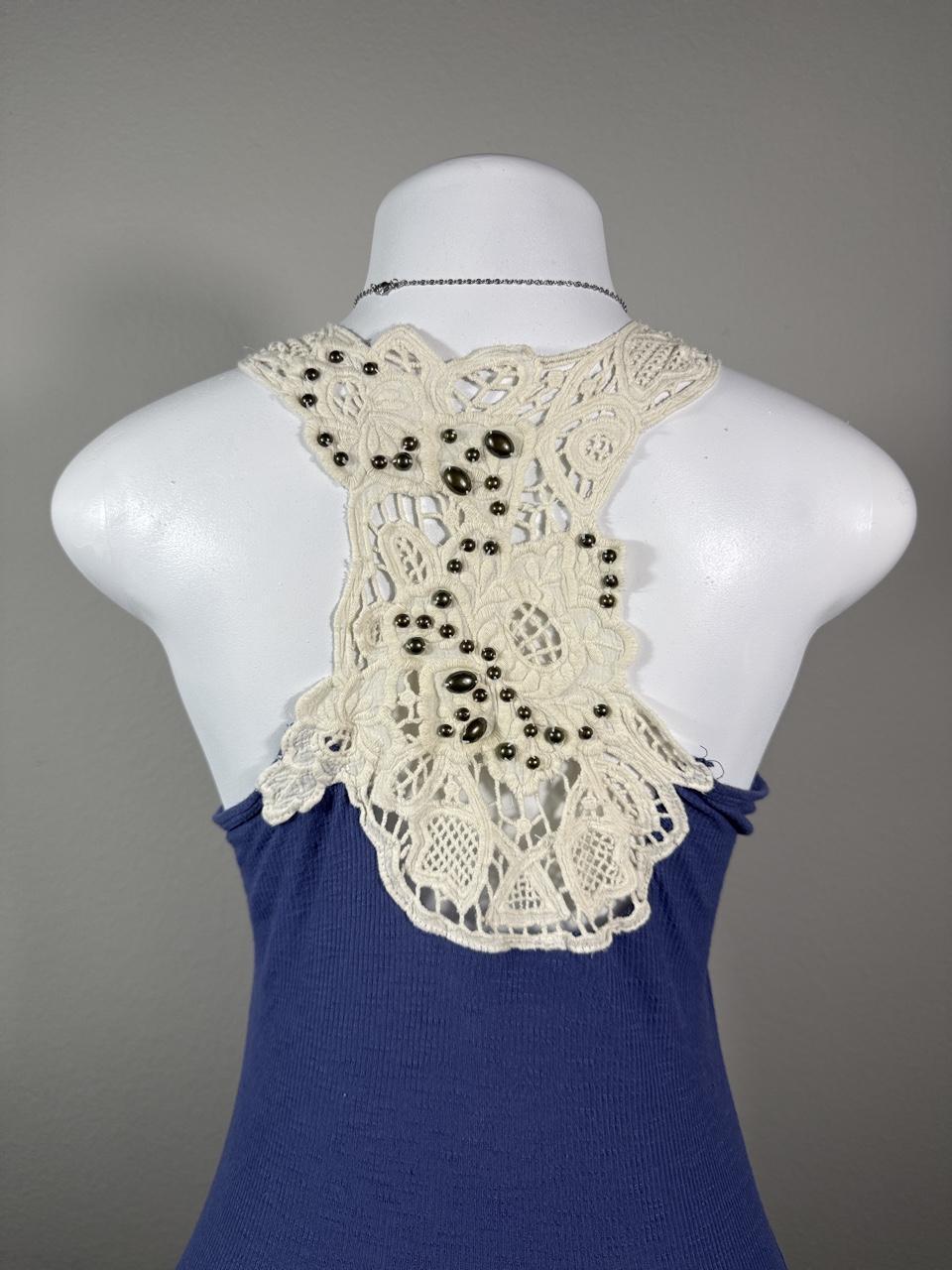 Y2K Hip Blue Crochet Strap Ribbed Tank Top Boho Coquette
