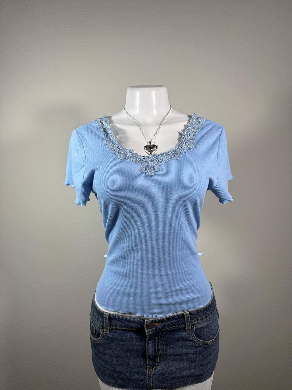 Cinema & Co Blue Lace Trim Ribbed Baby Tee Y2K Coquette