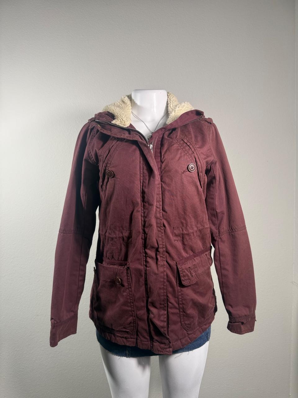 Y2K American Eagle Burgundy Sherpa Lined Hooded Utility Jacket