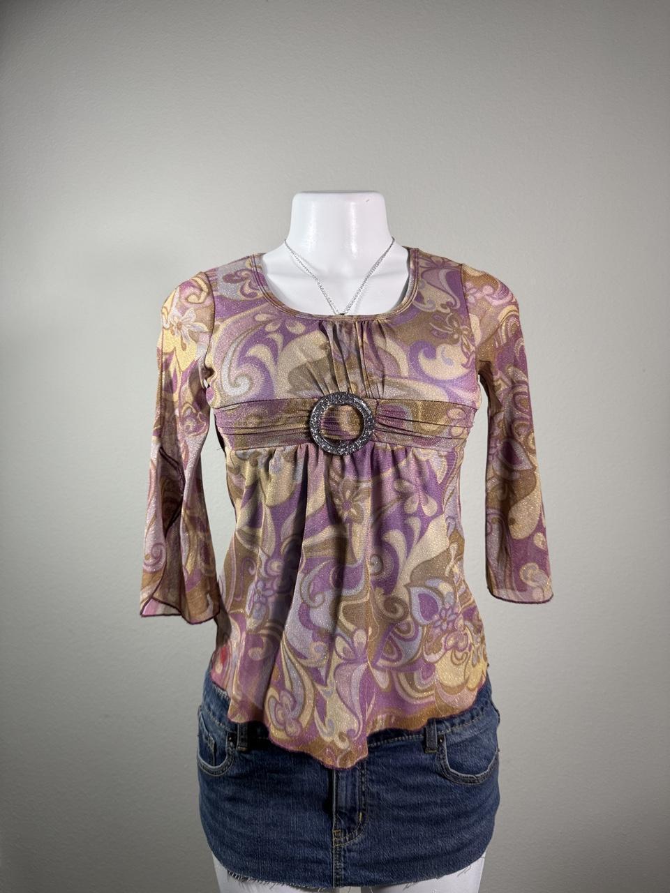Limited Too Purple Metallic Paisley Mesh Buckle Top