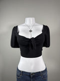 Y2K Altar'd State Black Tie Front Puff Sleeve Crop Top