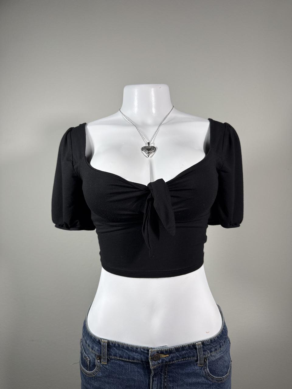 Y2K Altar'd State Black Tie Front Puff Sleeve Crop Top