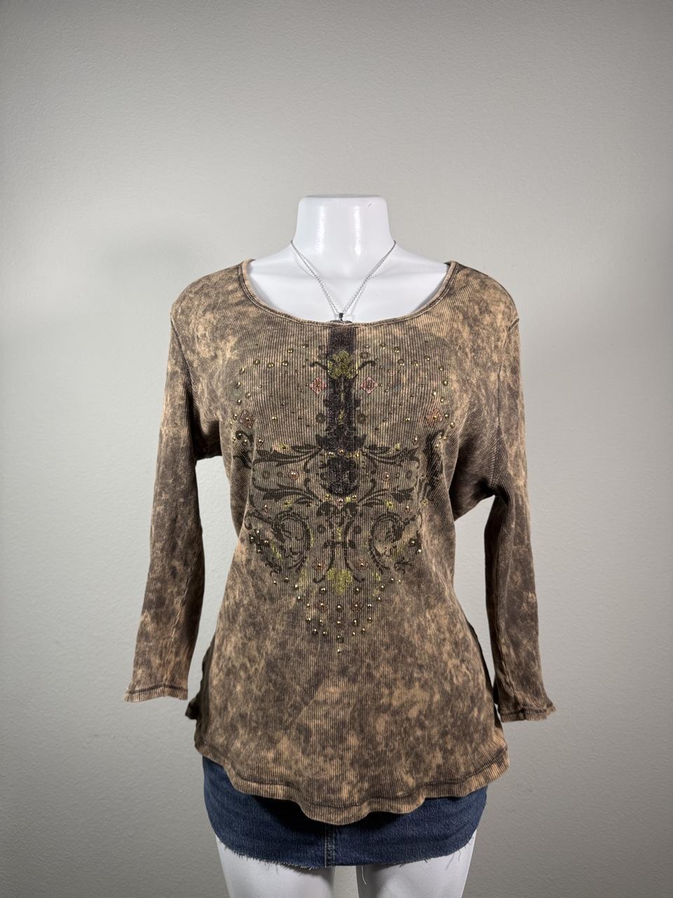 One World Brown Mineral Wash Embellished Cross Top Y2K