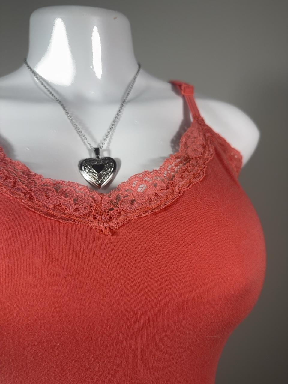 Y2K Dot coral lace trim cami featuring a soft stretchy knit with delicate floral lace along the neckline. A perfect everyday layering piece that pairs effortlessly with low-rise jeans, shorts, or skirts for a classic early 2000s look.