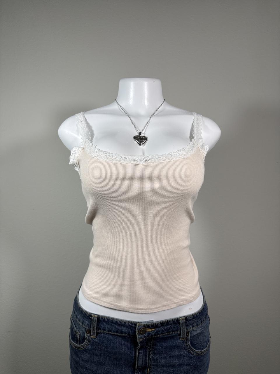 Hollister Cream Lace Trim Ribbed Cami Tank Top