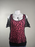Y2K ISSI Pink Leopard Lace Cold Shoulder Top