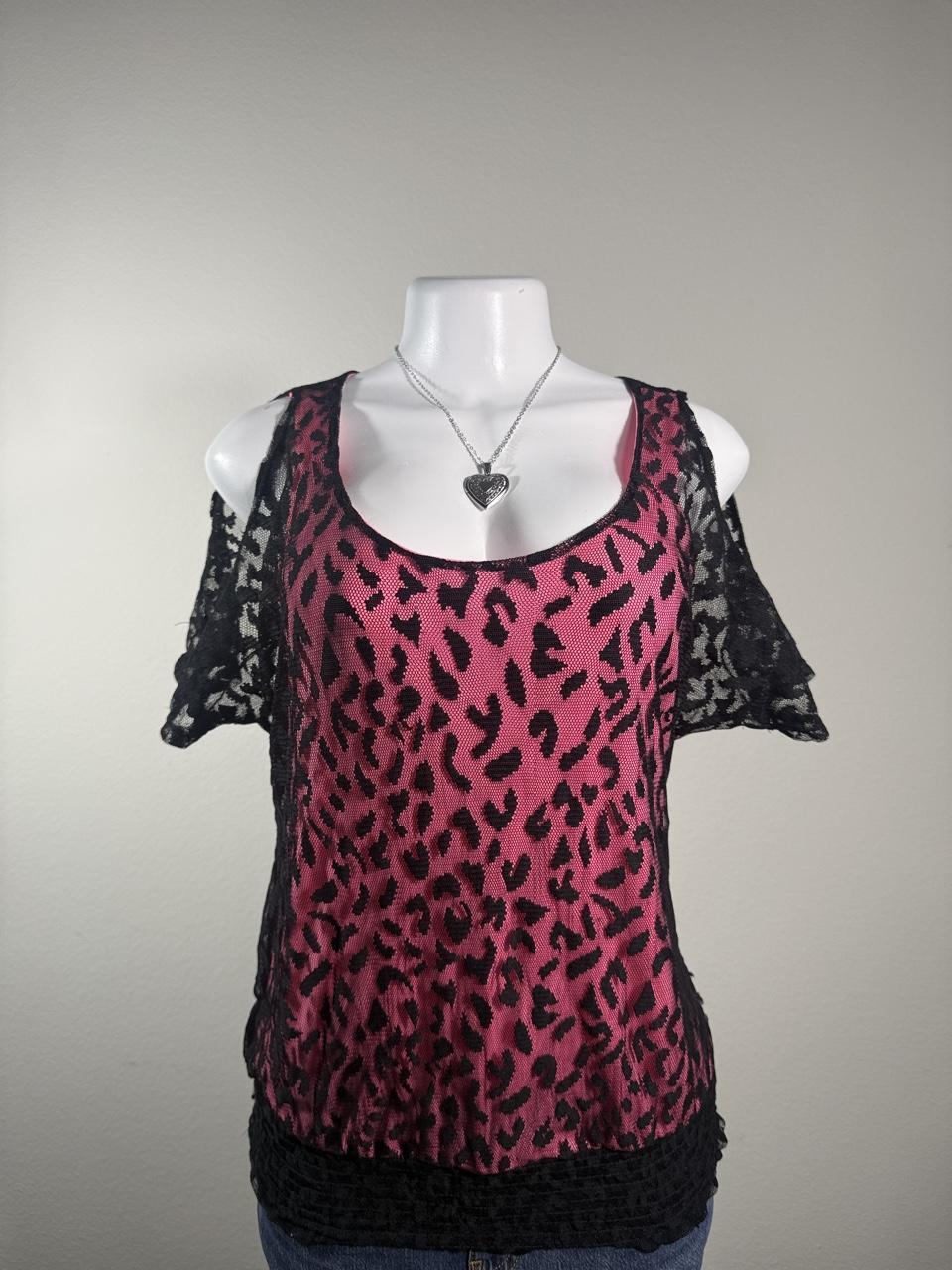 Y2K ISSI Pink Leopard Lace Cold Shoulder Top