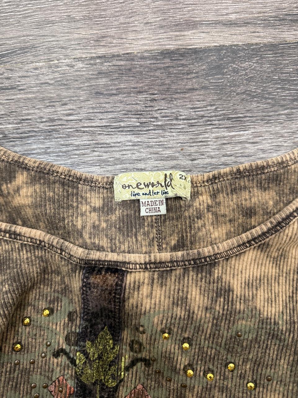One World Brown Mineral Wash Embellished Cross Top Y2K