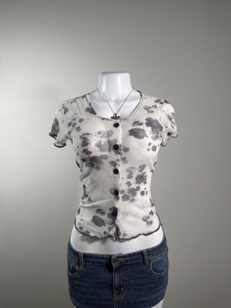 Fairycore Y2K California Concepts Sheer Floral Mesh Button Front Baby Tee