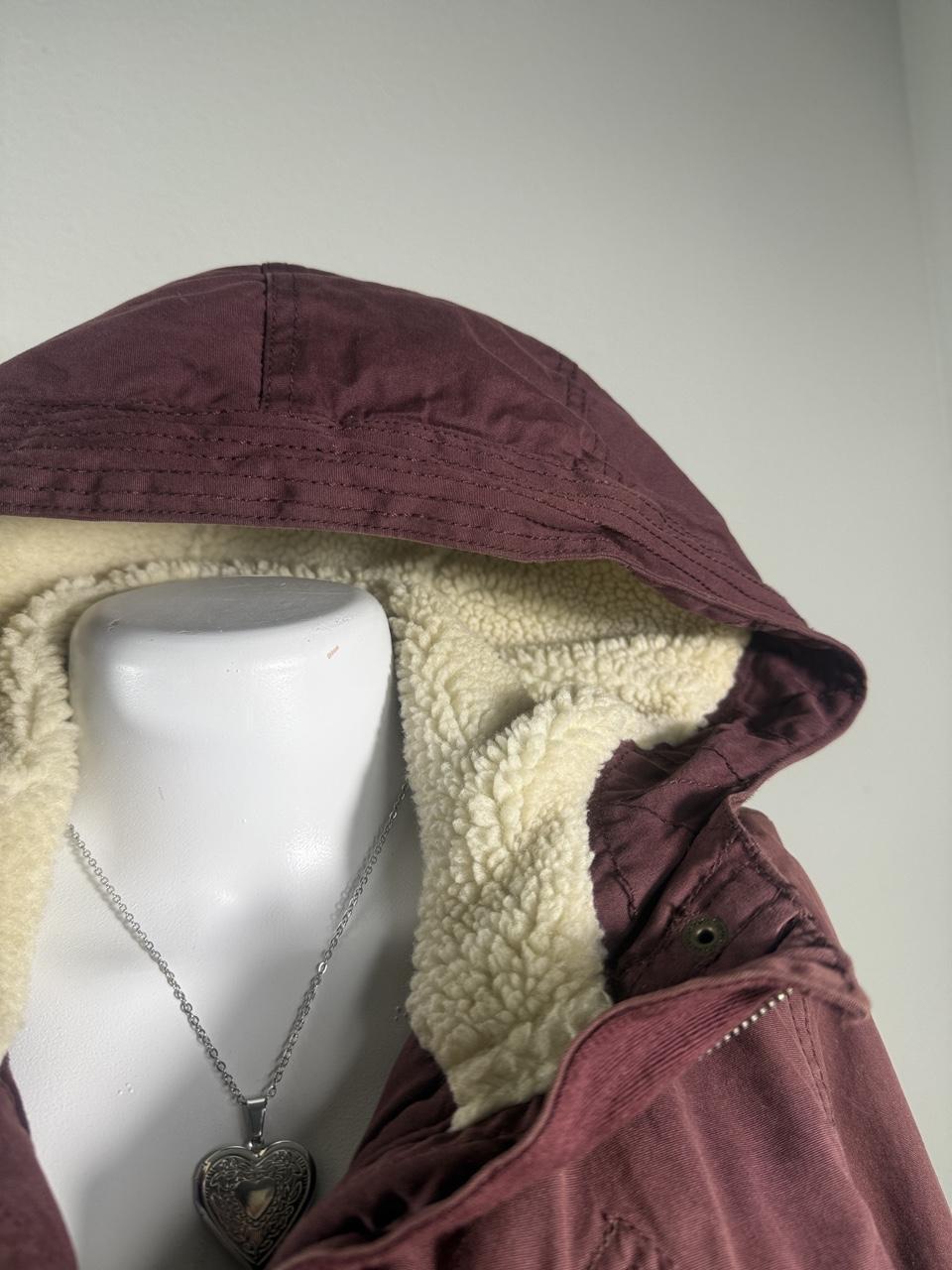 Y2K American Eagle Burgundy Sherpa Lined Hooded Utility Jacket