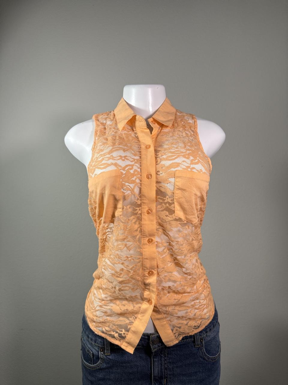 Y2K Ambiance Apparel Sheer Lace Sleeveless Button Up