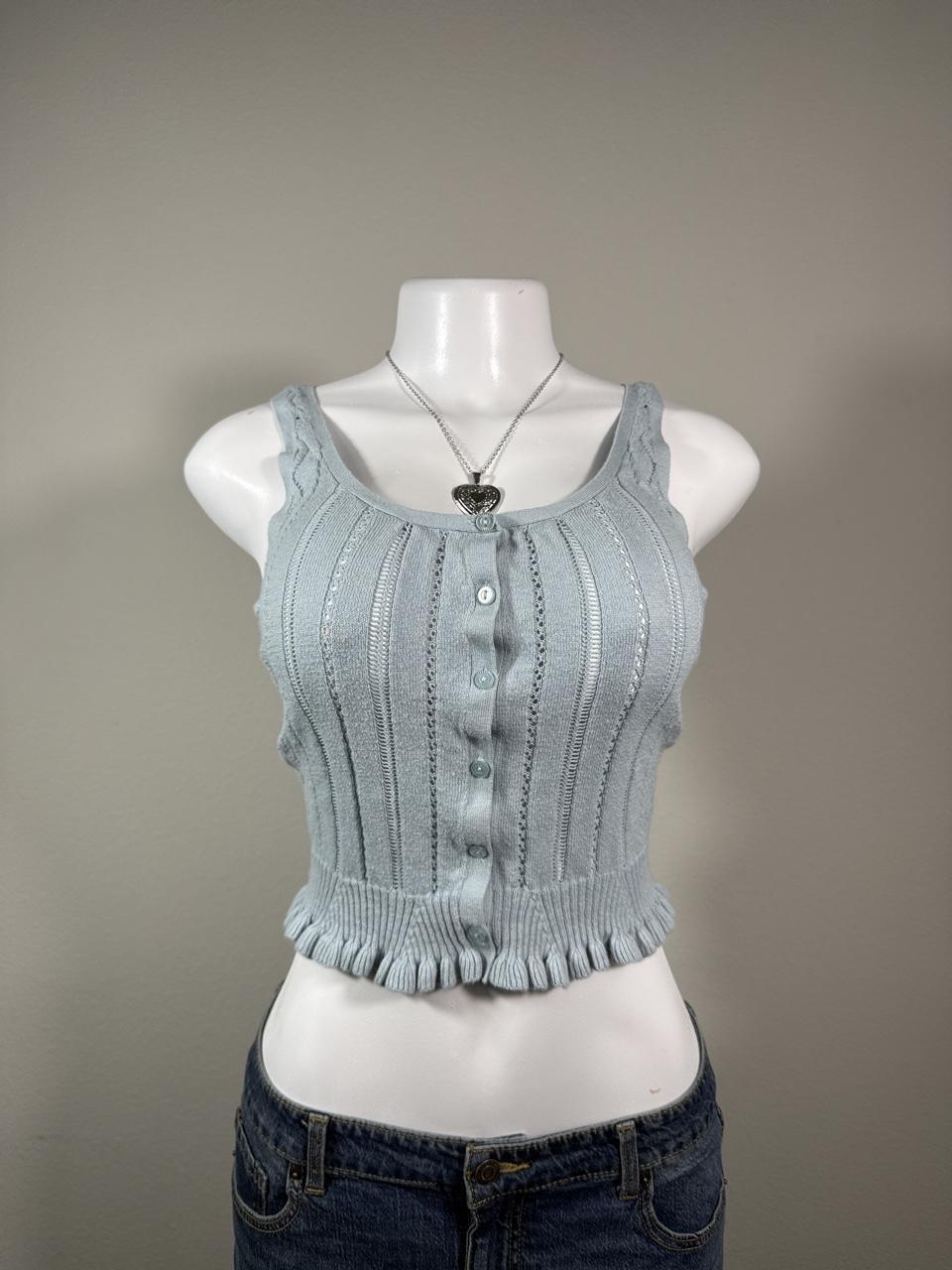 American Eagle Light Blue Pointelle Knit Button Front Tank Top