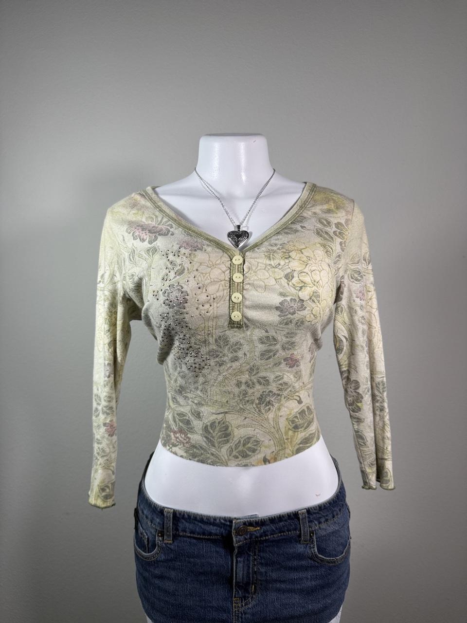 One World Floral Rhinestone Henley Top