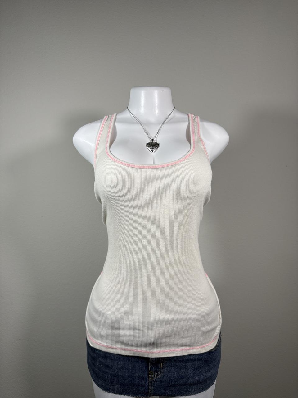 Old Navy White Ribbed Tank Top Pink Trim Y2K