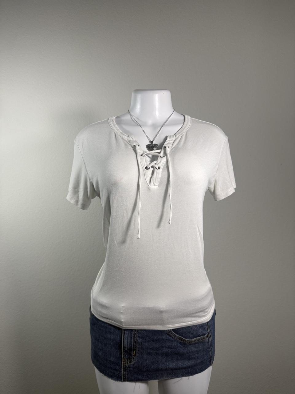 Y2K American Eagle White Lace Up Short Sleeve Top