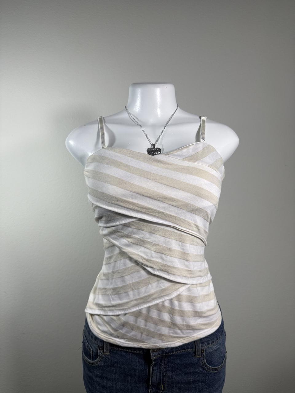 Y2K White House Black Market Beige & White Striped Ruched Cami Tank Top