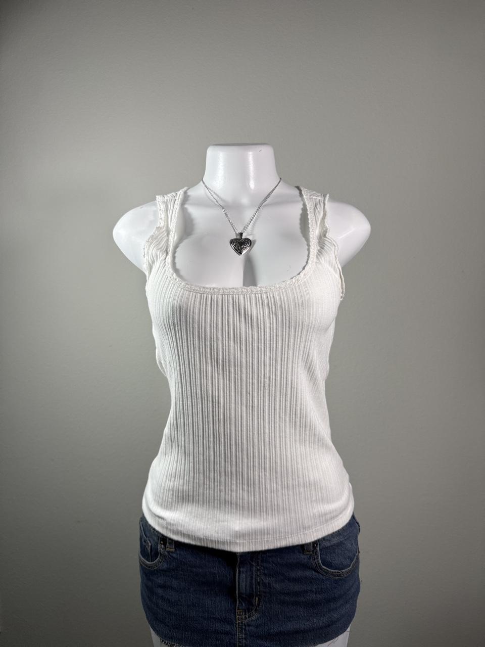 Aerie White Ribbed Lace Trim Tank Top