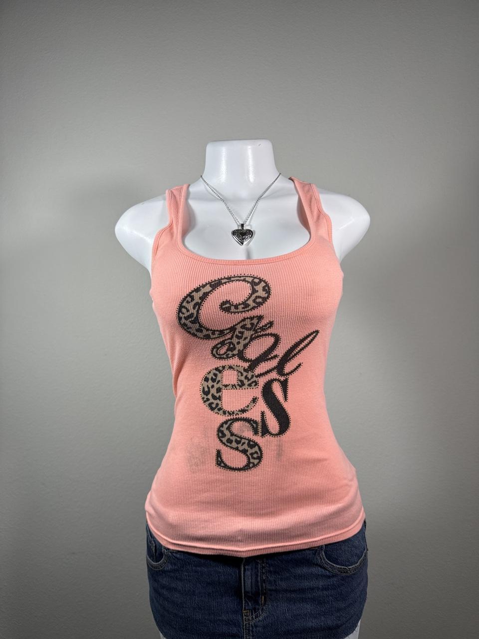 Vintage Y2K Guess Pink Ribbed Leopard Logo Tank Top
