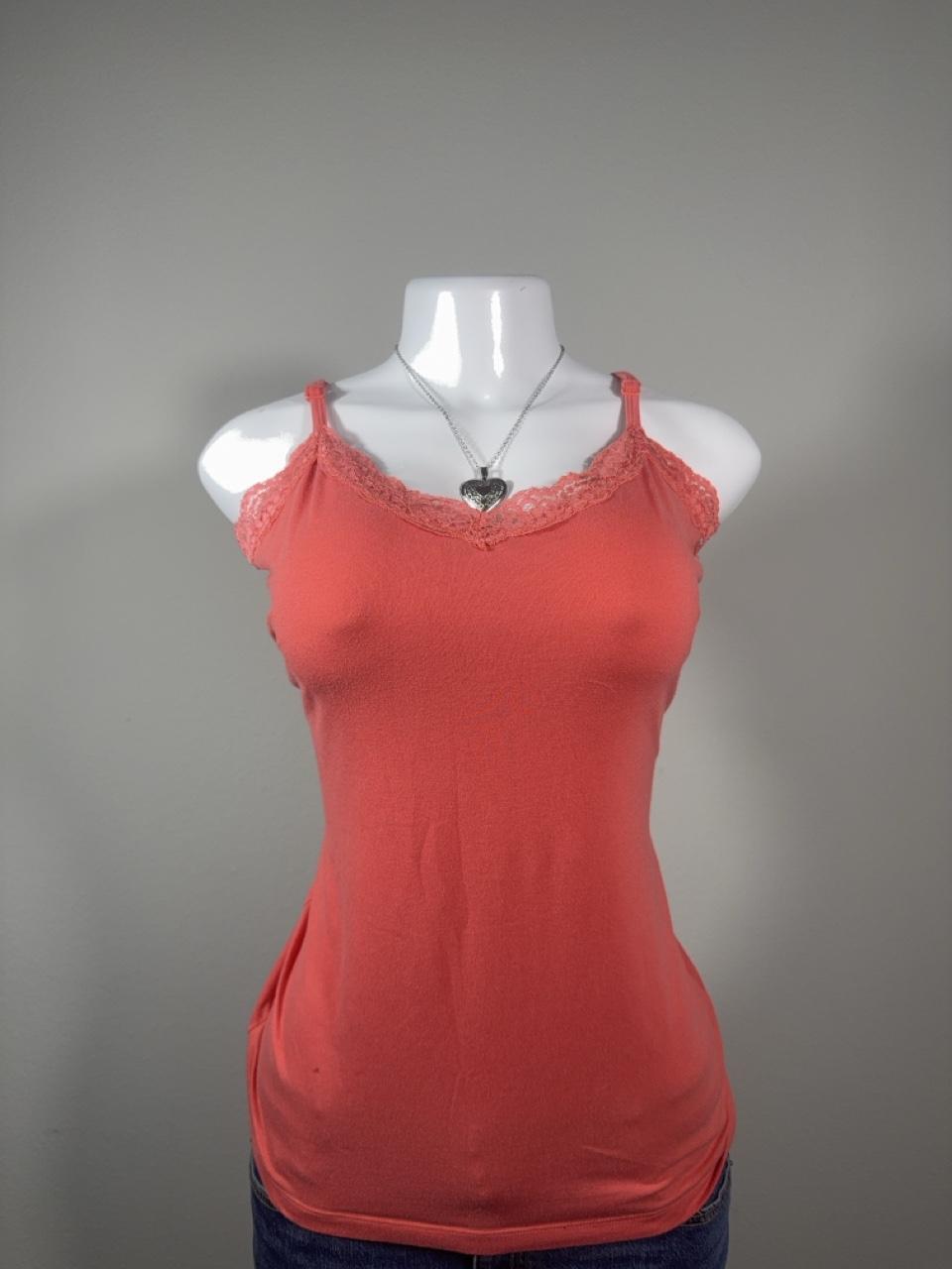 Y2K Dot coral lace trim cami featuring a soft stretchy knit with delicate floral lace along the neckline. A perfect everyday layering piece that pairs effortlessly with low-rise jeans, shorts, or skirts for a classic early 2000s look.