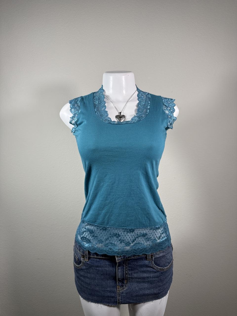 Fairycore Vintage Y2K Rue21 Teal Lace Trim Coquette Fairycore Top