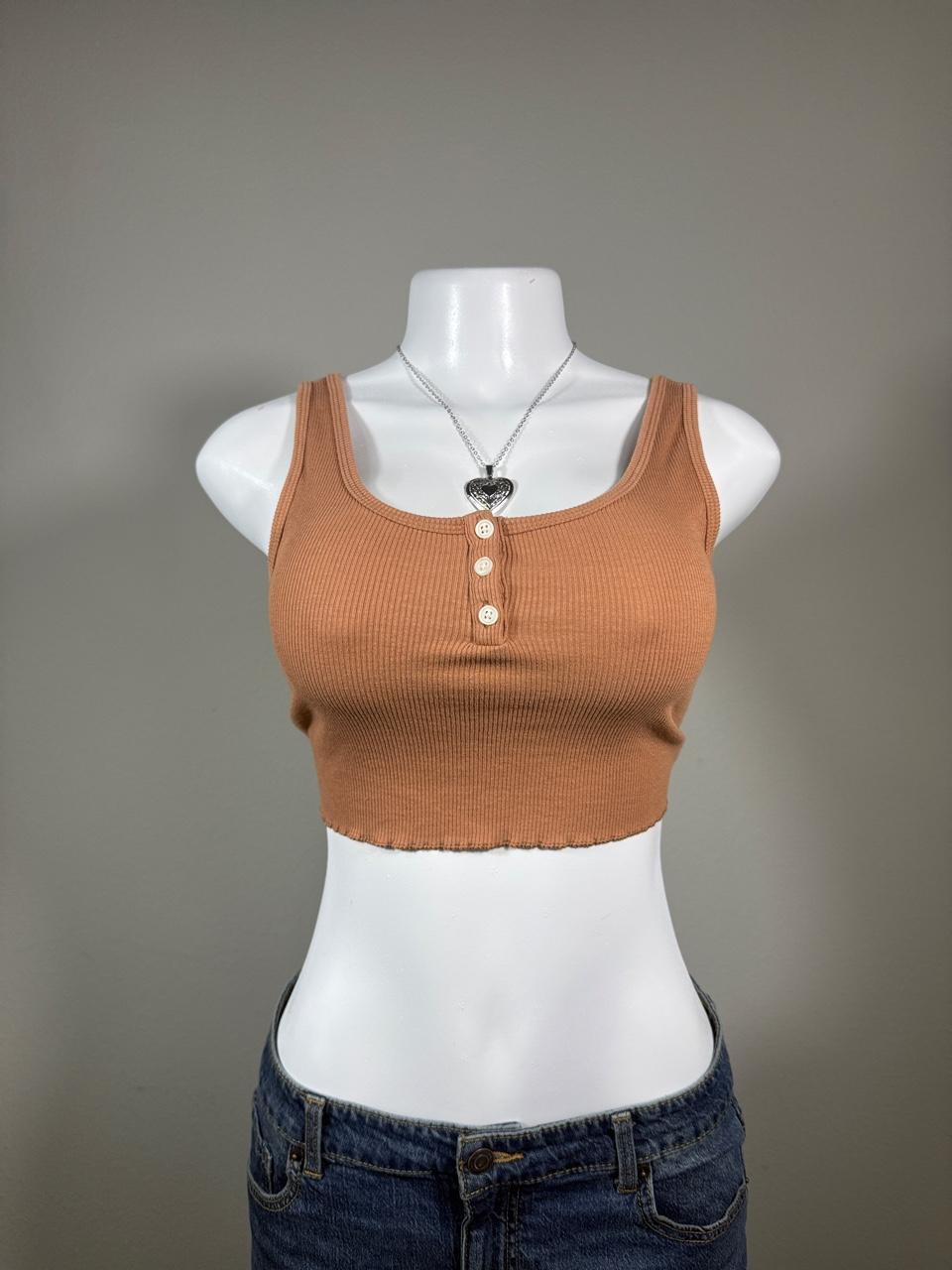 🤎 American Eagle Brown Ribbed Henley Crop Tank Top 🤎