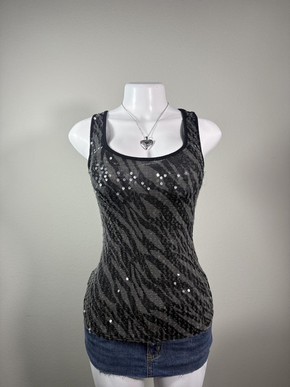 Wet Seal Black Zebra Sequin Racerback Tank Top
